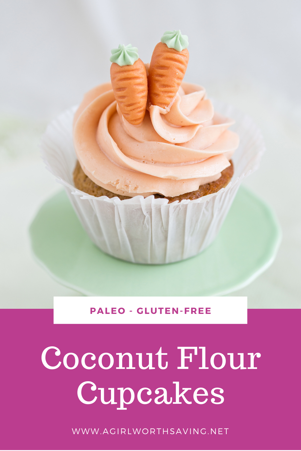 Looking for a healthy carrot cake recipe using coconut flour? These light and moist coconut flour carrot cupcakes are topped with a sweet cream cheese frosting.