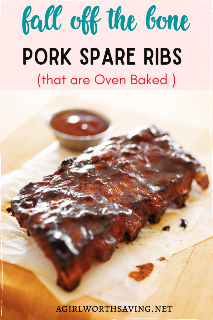 pork spare ribs on a plate with text overlay on top