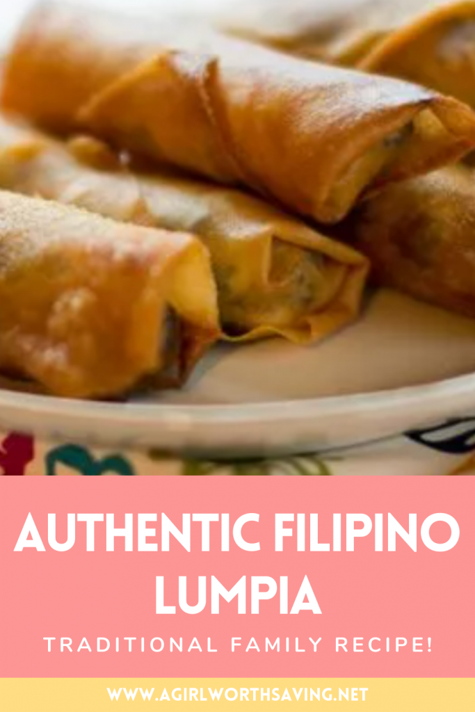 Lumpia on a plate with text overlay on the bottom