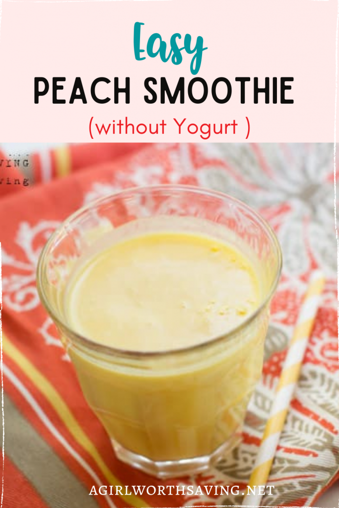 peach smoothie in a cup with a text overlay on top