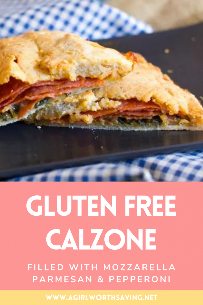 Gluten free calzone on a plate with text overlay