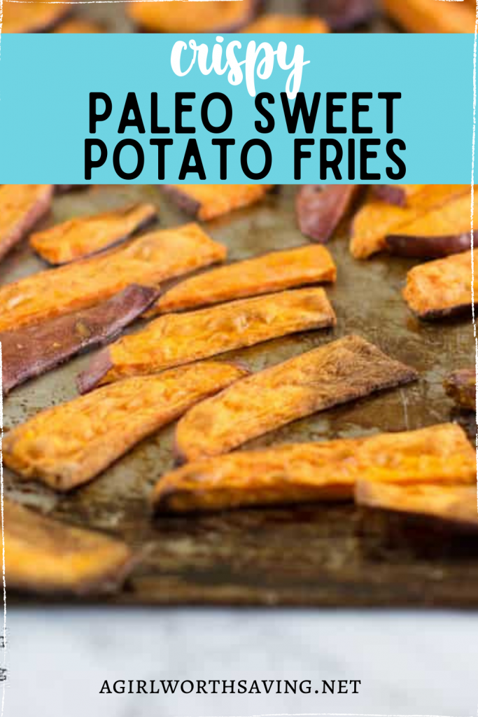 These crispy roasted Paleo Sweet Potatoe fries are perfect dipped with ketchup! For an extra kick, they are topped with lime and cilantro.