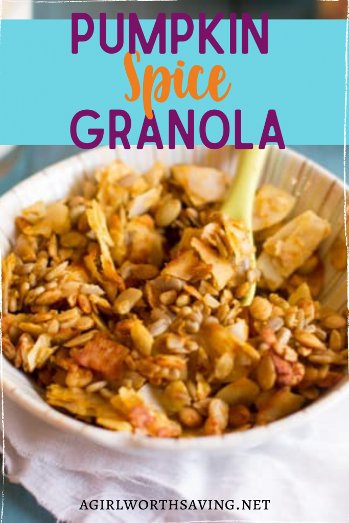 This homemade pumpkin spice granola recipe is a delicious breakfast treat. Made with pumpkin seeds and coconut shreds, it's a healthy snack too!