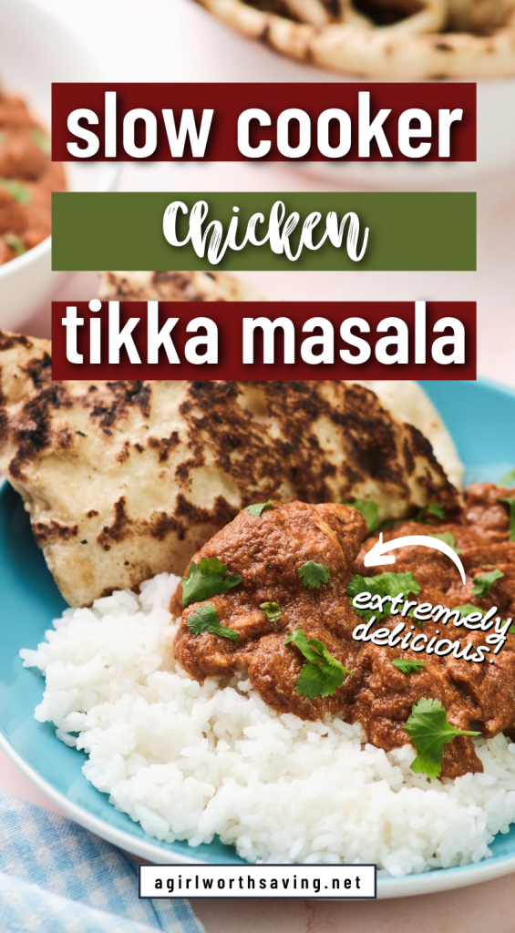 Chicken tikka masala on a plate with text overlay