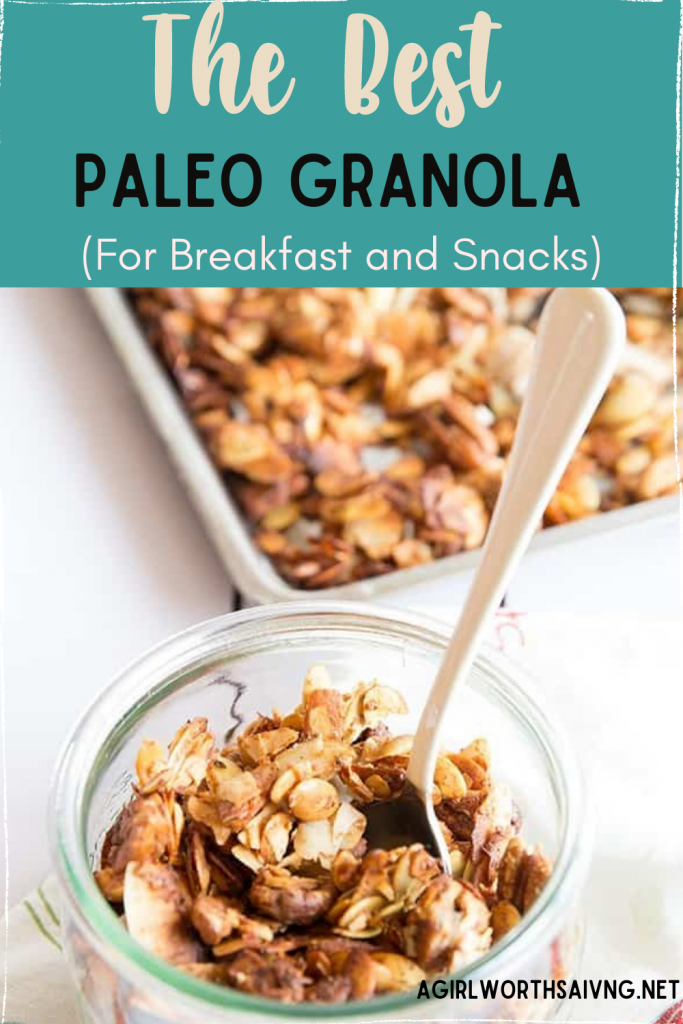 paleo granola in a bowl and on a baking sheet with text overlay on top