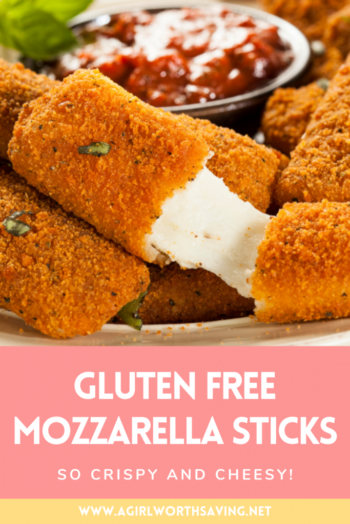 Gluten Free Mozzarella sticks on a plate with text overlay on top