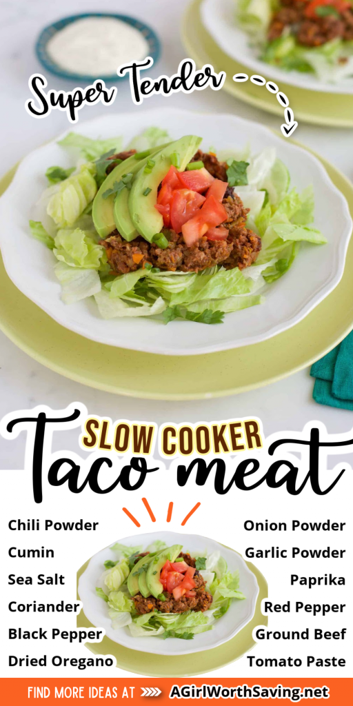 slow cooker taco meat on a plate with text overlay
