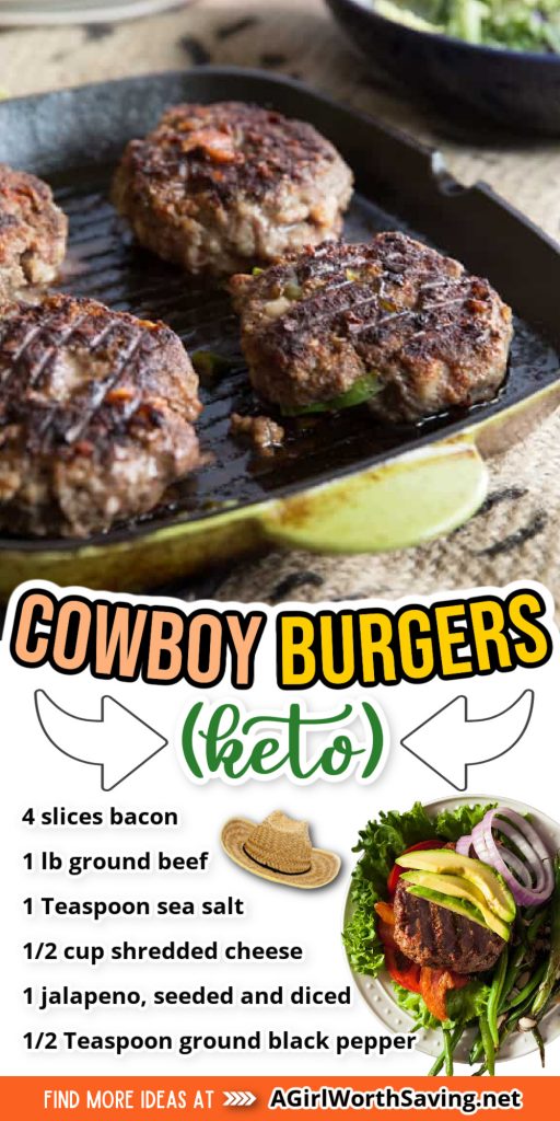 Cowboy burgers on a grill pan with text overlay