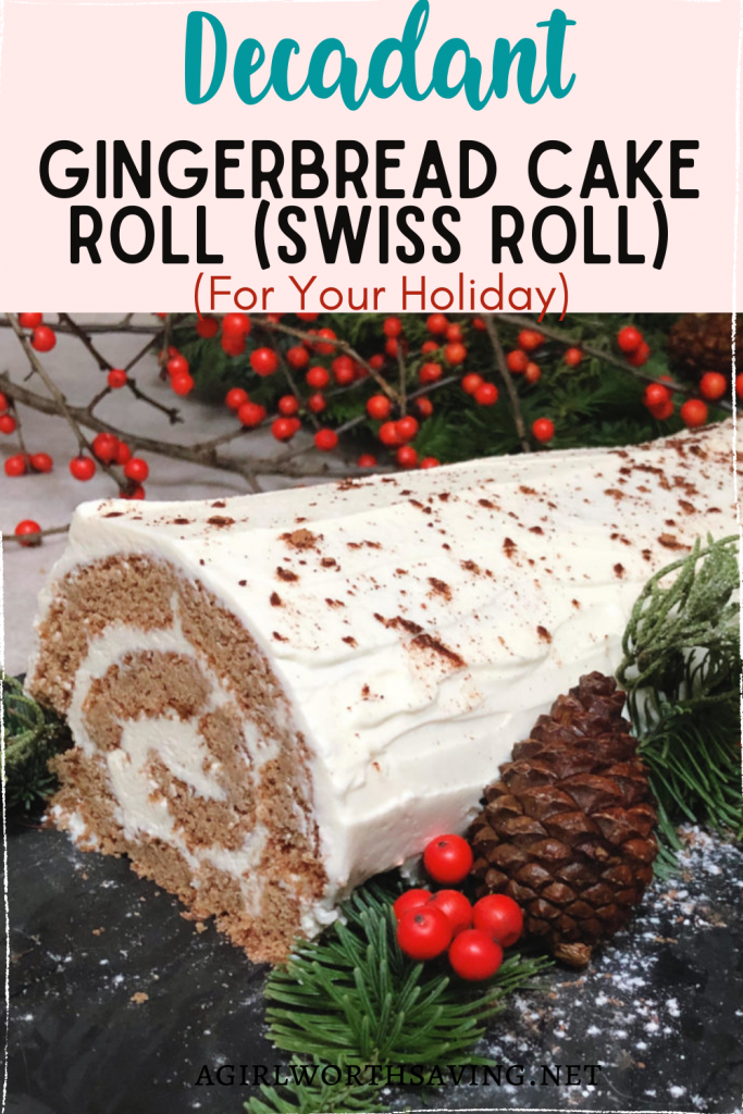 gingerbread cake roll on a plate with pine cones and pine leaves