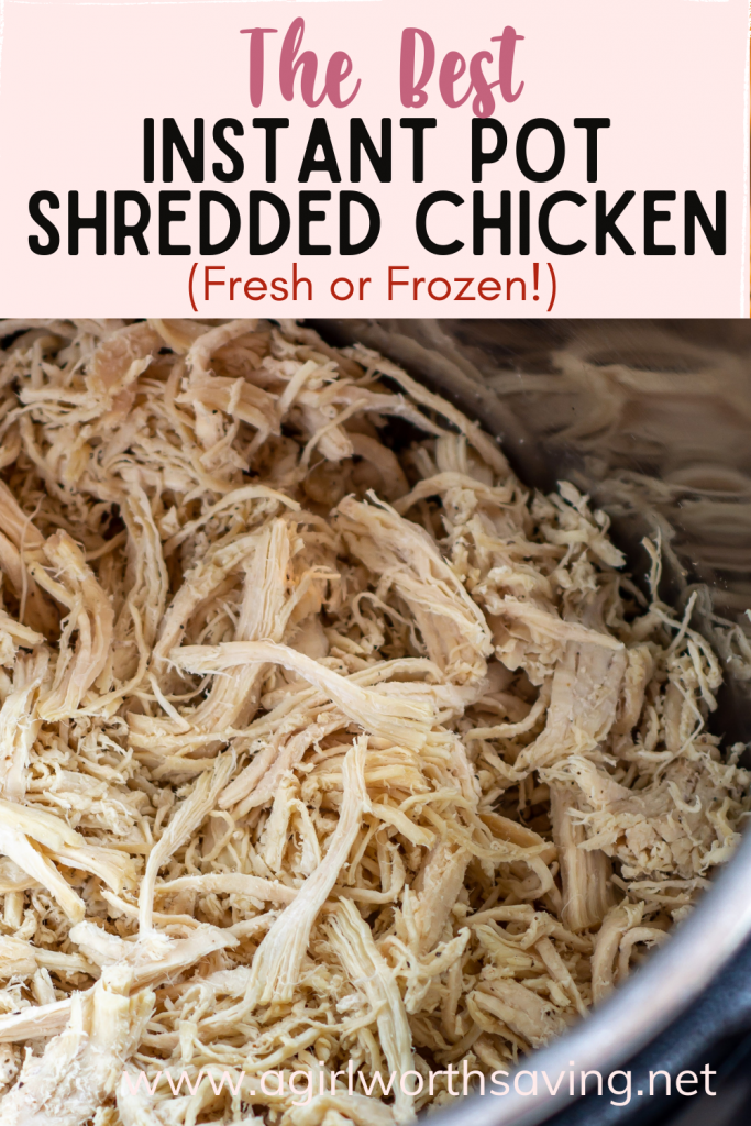 instant pot shredded chicken in a instant pot with text overlay on the top