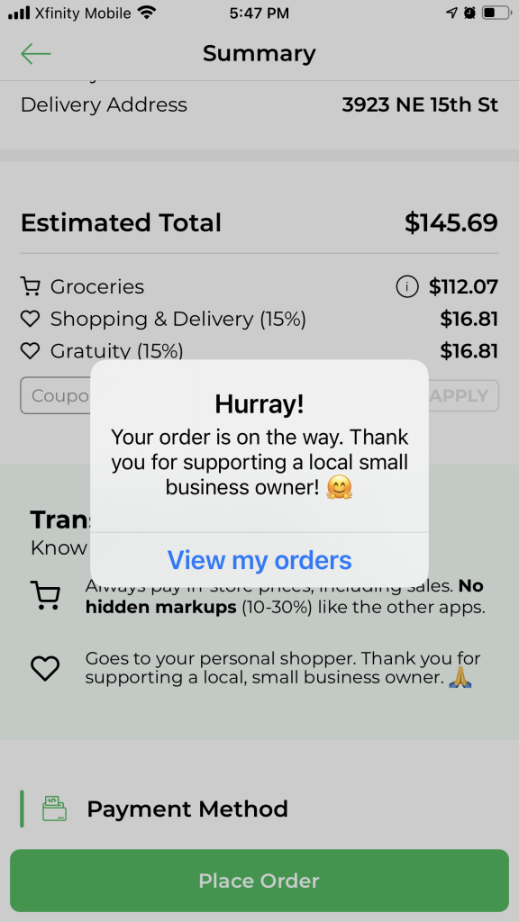 Dumpling App Payment screen with breakdown of grocery cost, shopping & delivery cost and tip. 