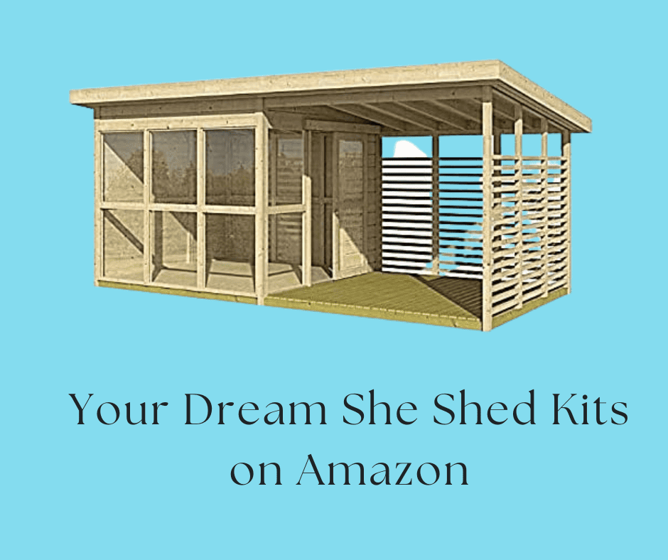 picture of a she shed kit amazon with text overlay