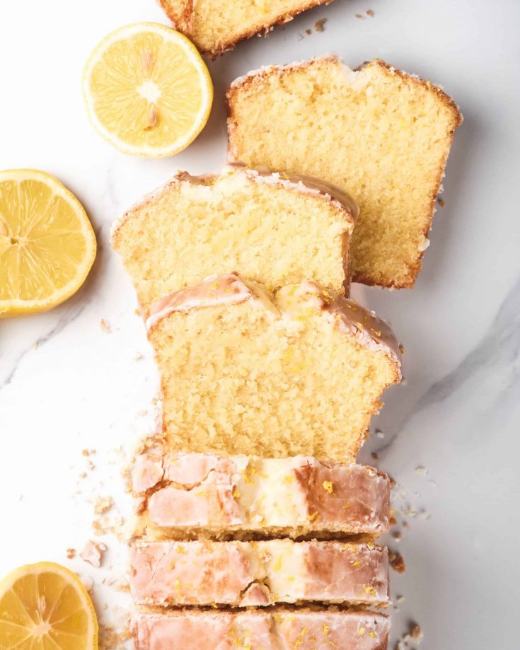 overhead shot of sliced lemon pound cake