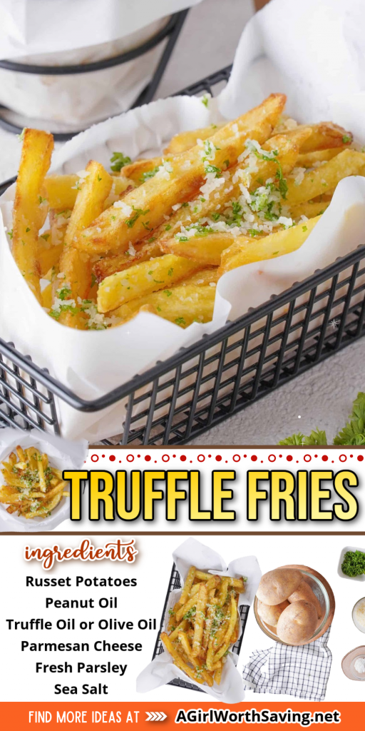 Truffle fries in a basket with text overlay