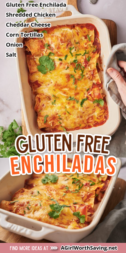 Gluten-free enchiladas in a casserole dish with text overlay