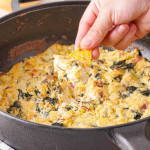 cast iron with spinach artichoke dip
