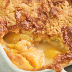 close up of peach cobbler with cake mix