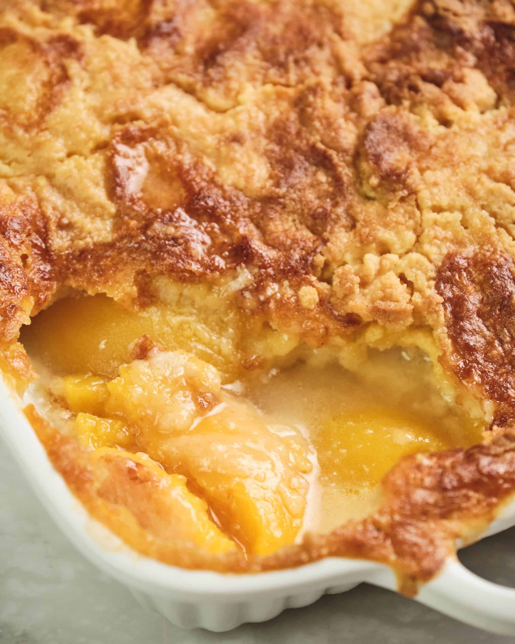 close up of peach cobbler with cake mix