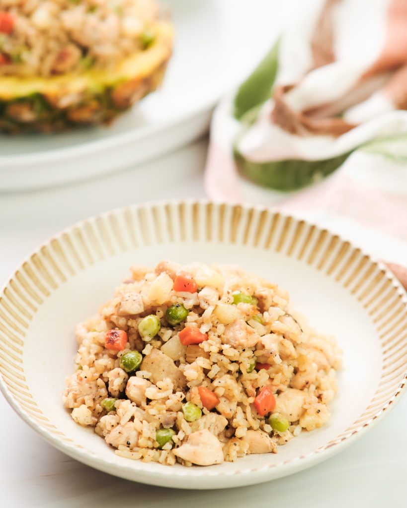Close of of pineapple fried rice in a bowl 