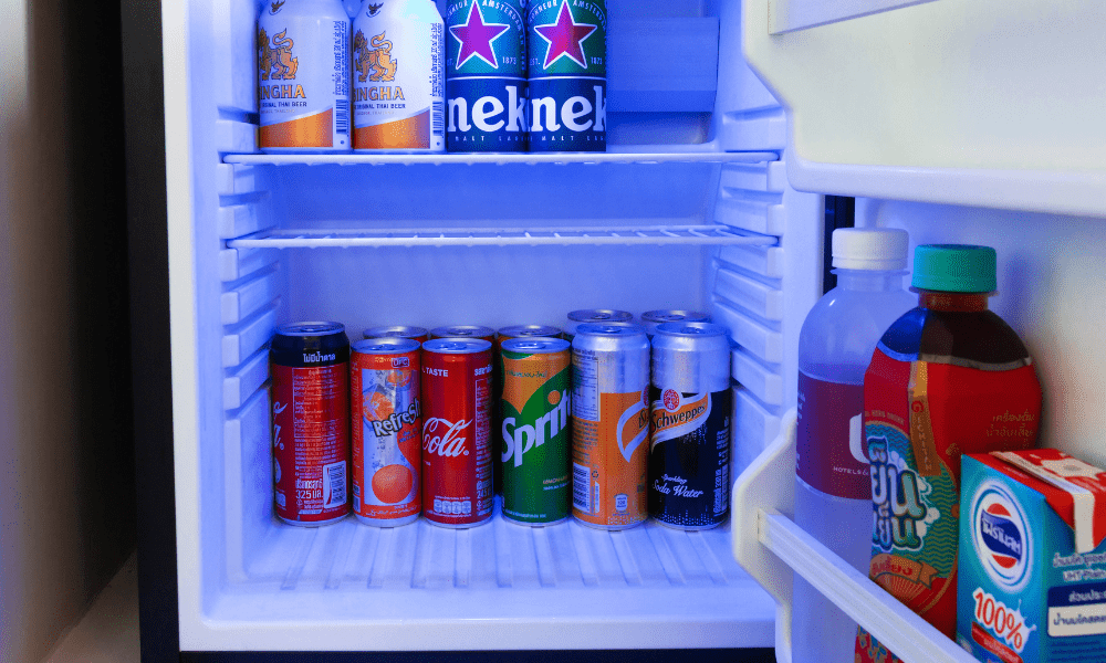 beverage refrigerator stocked with sodas and beer