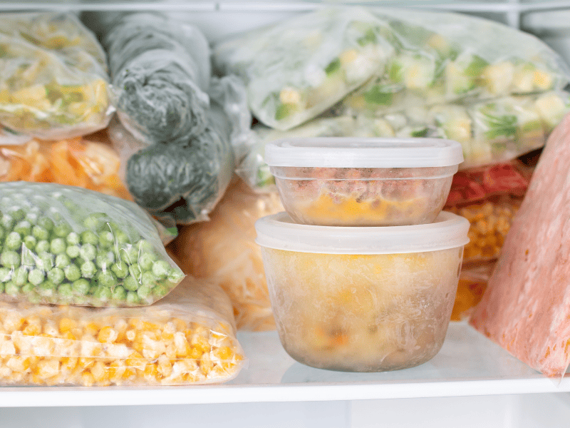 Assorted frozen vegetables neatly arranged in packaging inside a best small freezers, ready to be conveniently stored and used for culinary purposes. 