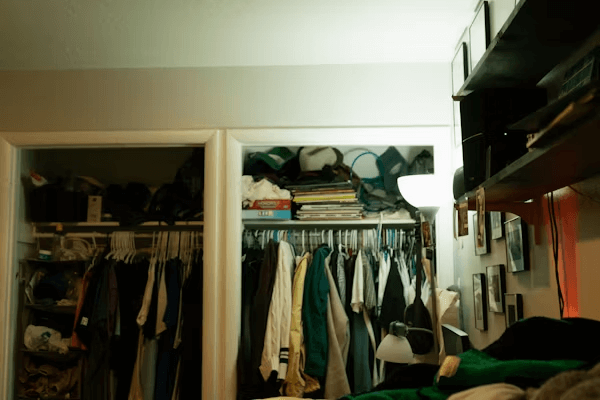 Closet organized with clothes and items for second wardrobe plan