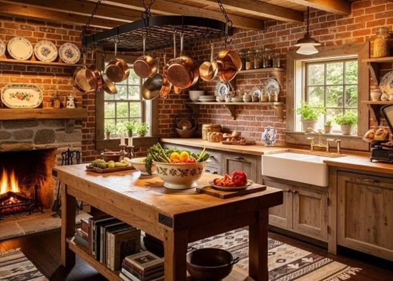 Kitchen with stove, table, and fruit bowl in rustic design setting