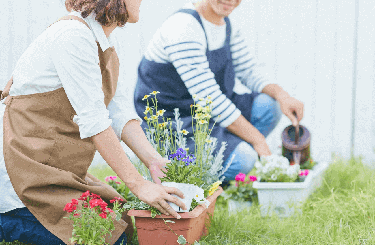 A couple practicing mindful gardening on grass