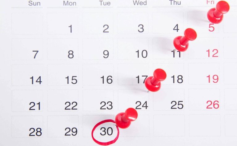 Calendar with red pushpins marking dates.