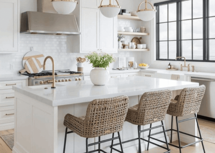 Clean, bright kitchen with island and wicker chairs