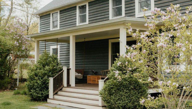 Gray house with white trim and porch