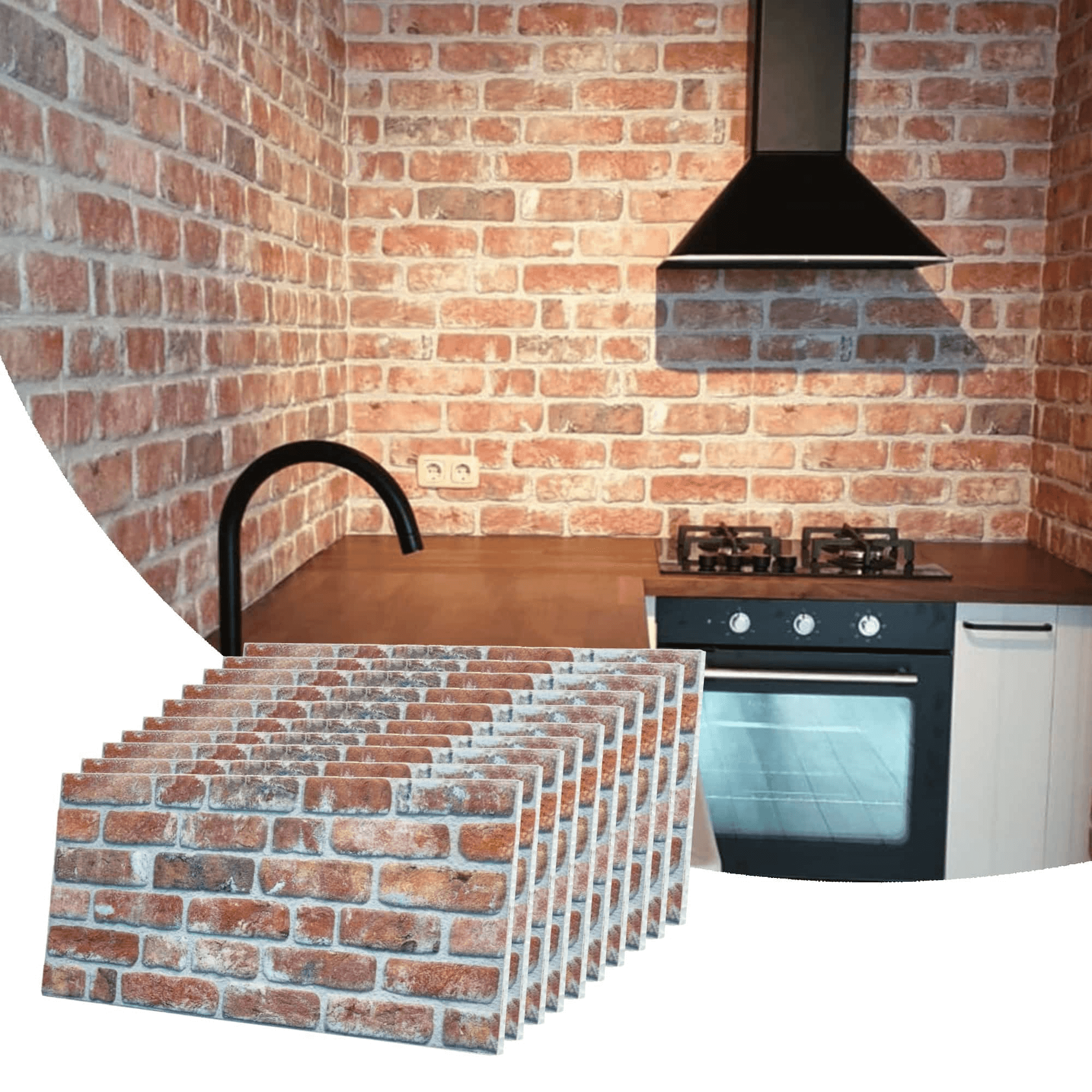 Modern kitchen with brick wall and stove
