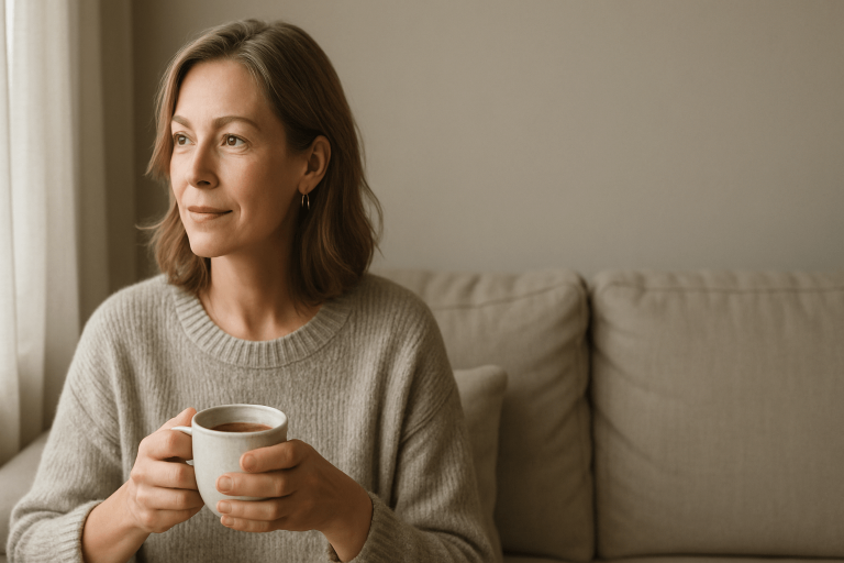 Woman relaxing with coffee on couch