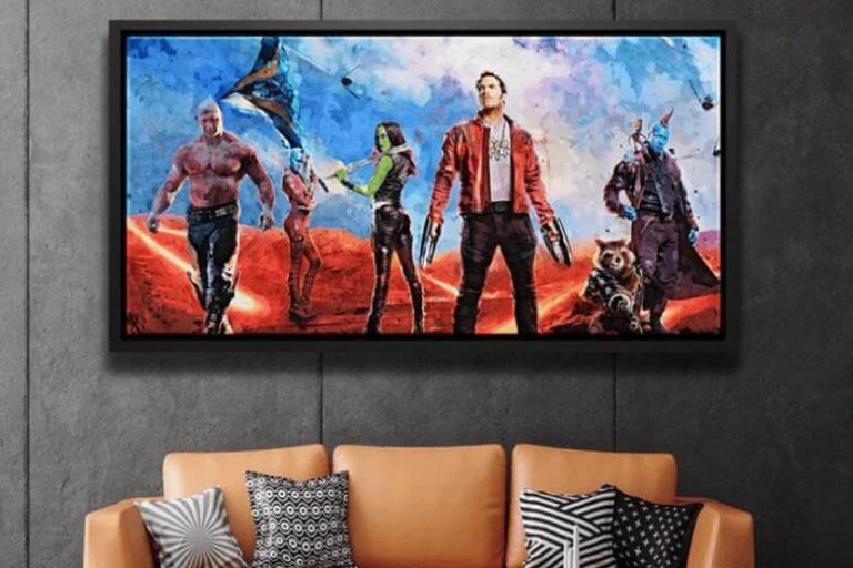 Cozy living room with couch and canvas wall art