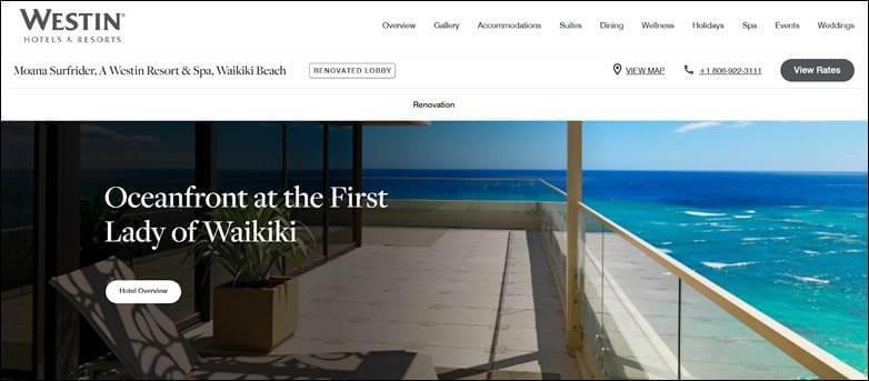 Ocean-view hotel website page Waikiki resort