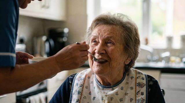 Elderly woman getting teeth brushed as part