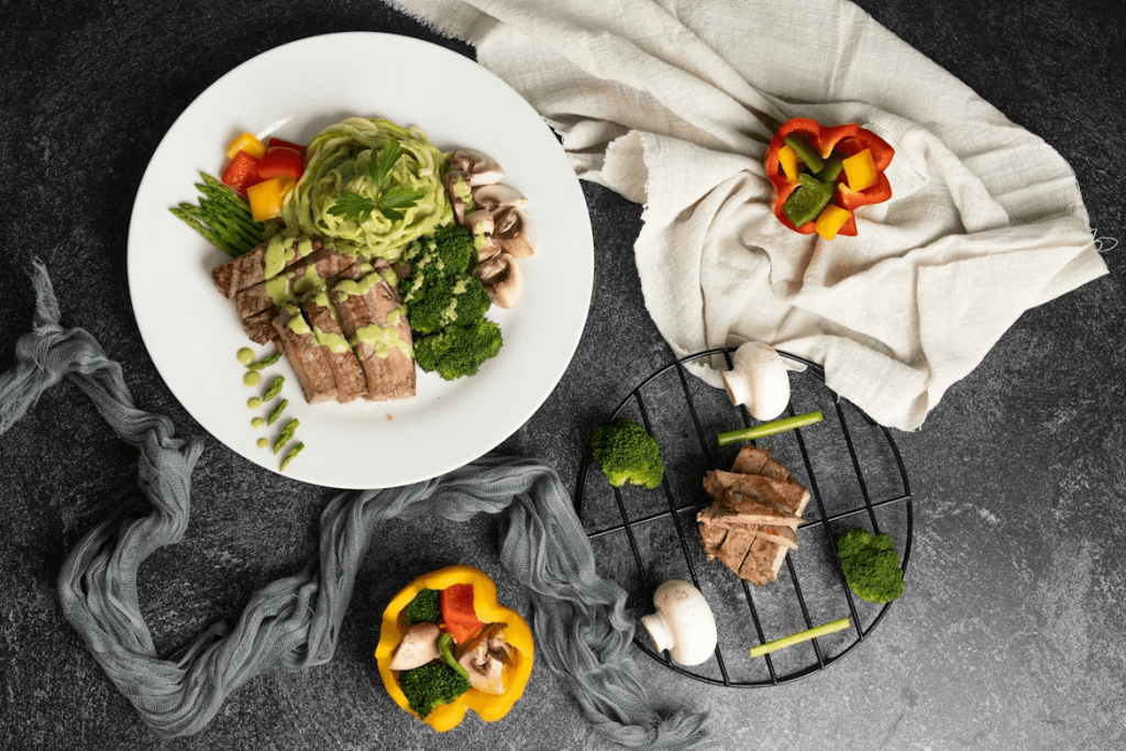 Healthy plate with meat and vegetables for