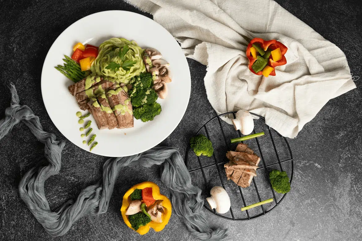 Healthy plate with meat and vegetables for