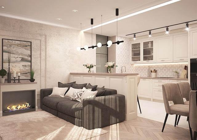A cozy living room with furniture and fireplace