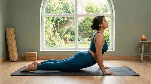 Woman in yoga pose by window