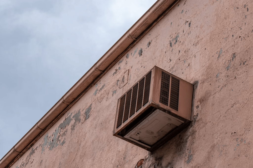 Air conditioner unit on a building exterior