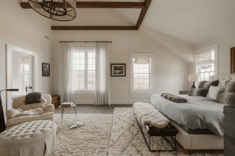 Elegant large bedroom with a king-size bed and a contemporary couch