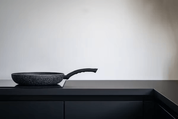 Frying pan on a counter, ready