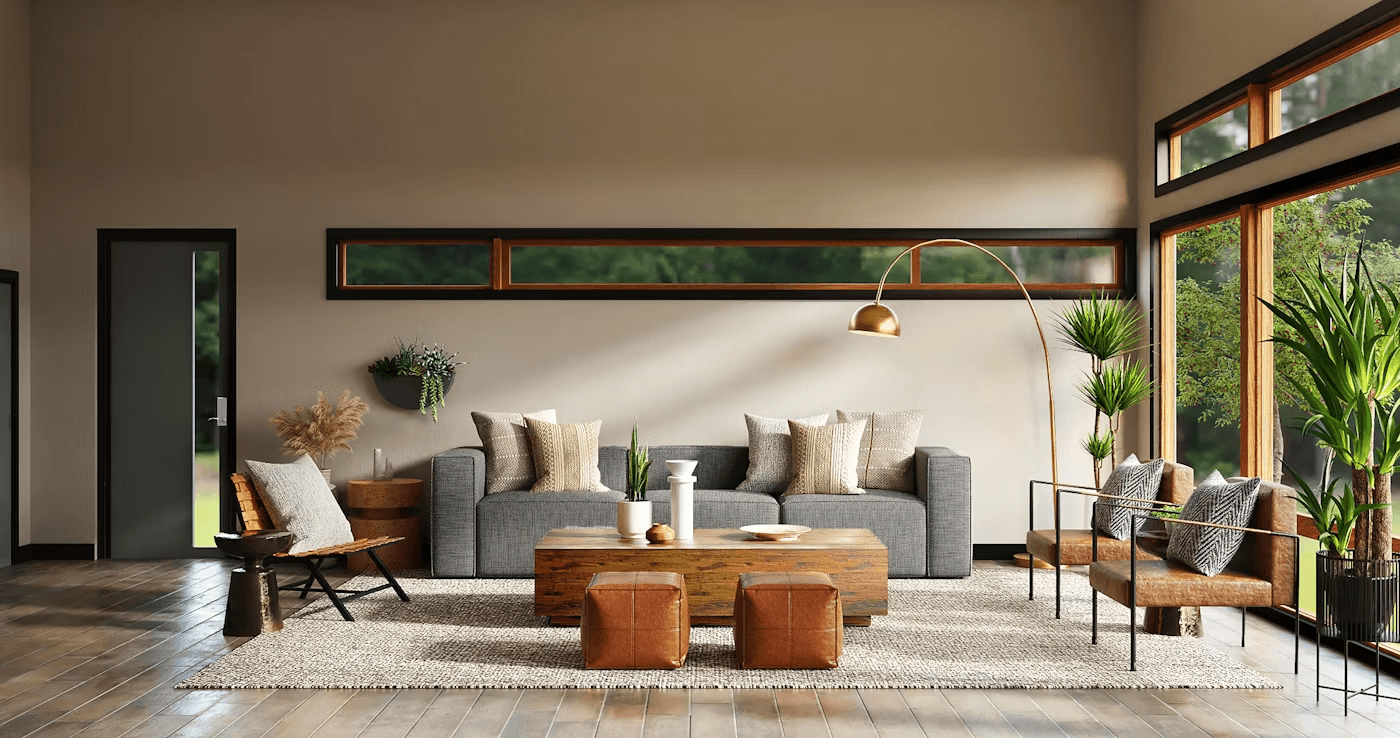 Large living room with modern furniture and a large