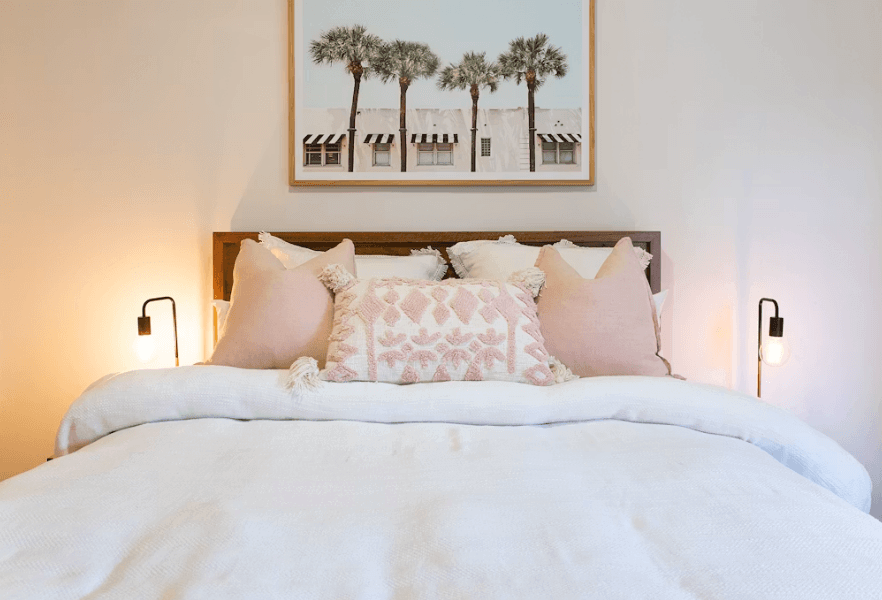 Luxury bed with white comforter and