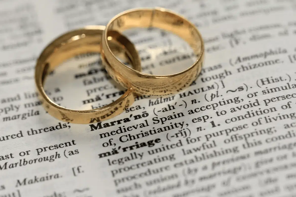 Two gold wedding rings resting on an open bible