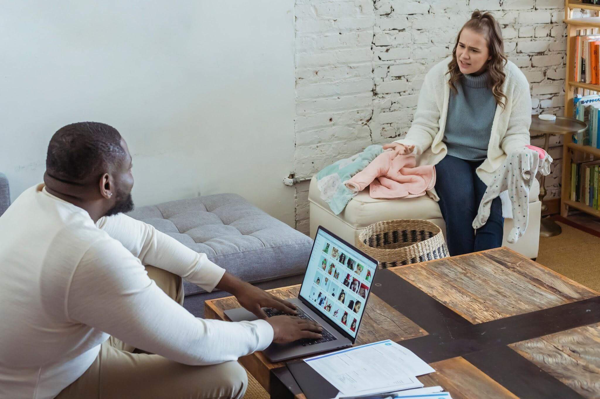 Couple discussing a family problem at home