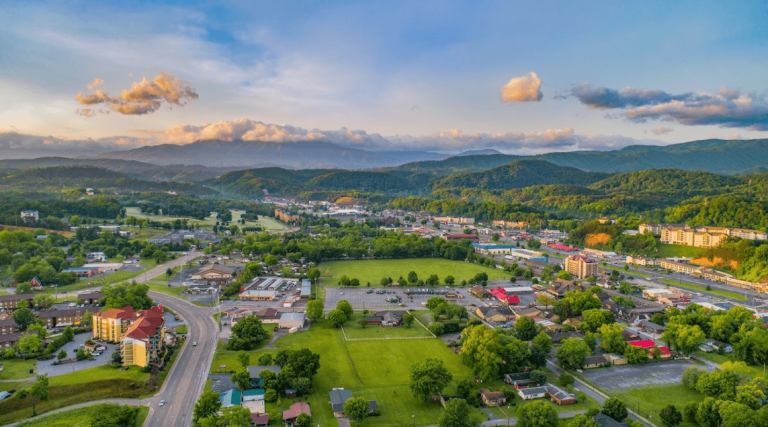 Aerial view of a town nestled among mountains