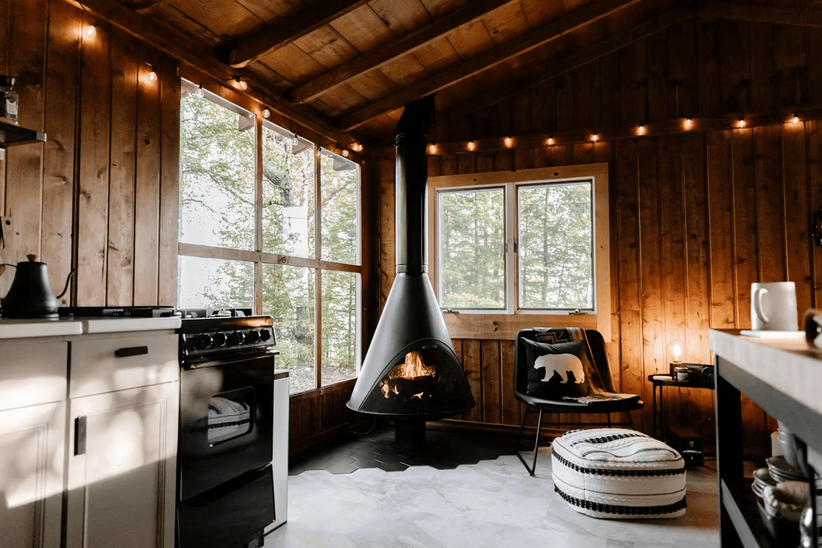 Cozy cabin room with a stove