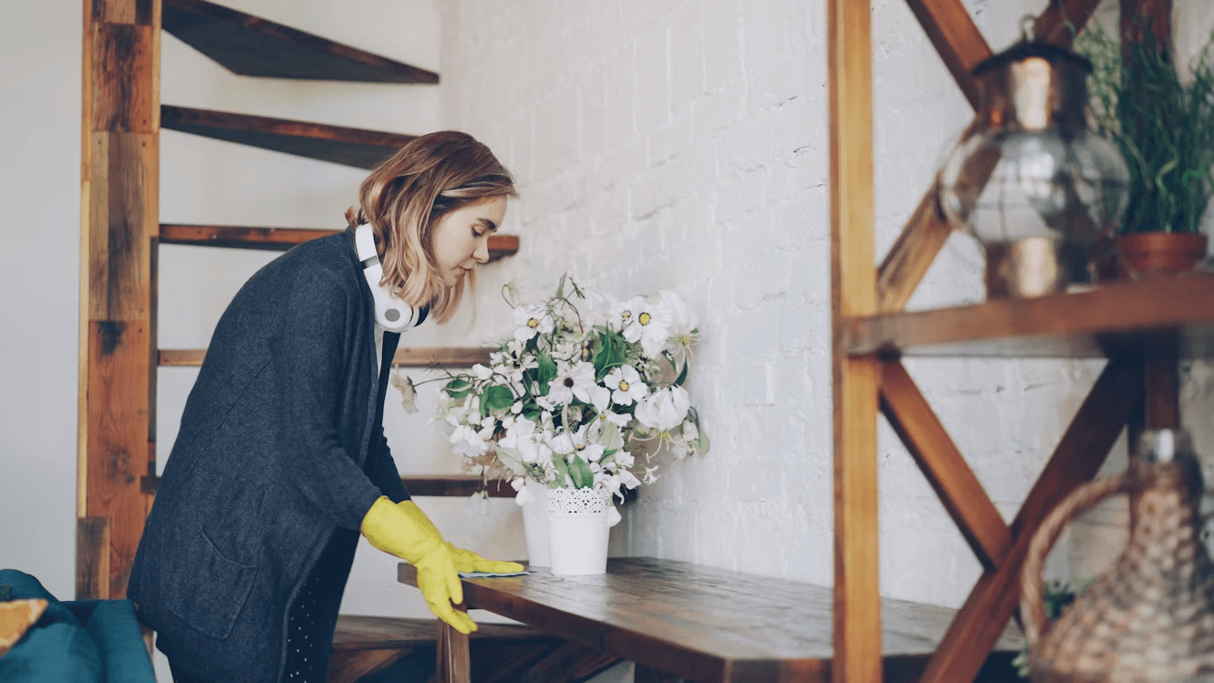 Woman in yellow gloves cleaning a table for pest control